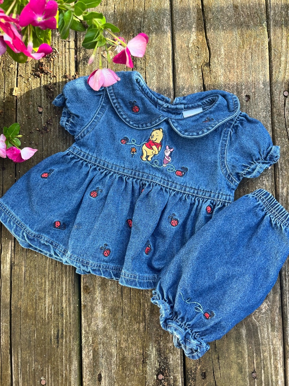 Vintage Winnie the Pooh and Piglet Denim Baby Set Ladybug Embroidery